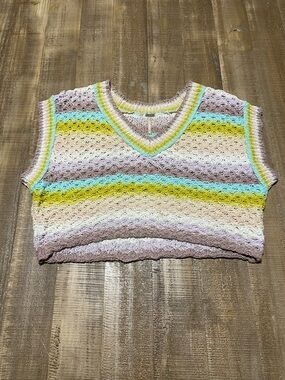 Free People Multicolor Striped Crochet Knit Vest — Pastel Mix